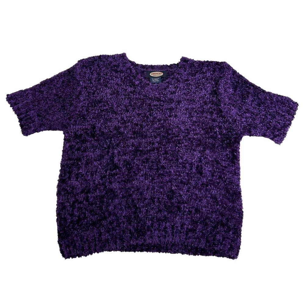VTG Jordache Fashion Purple Fuzzy Eyelash Knit V-Neck Short Sleeve Sweater Large